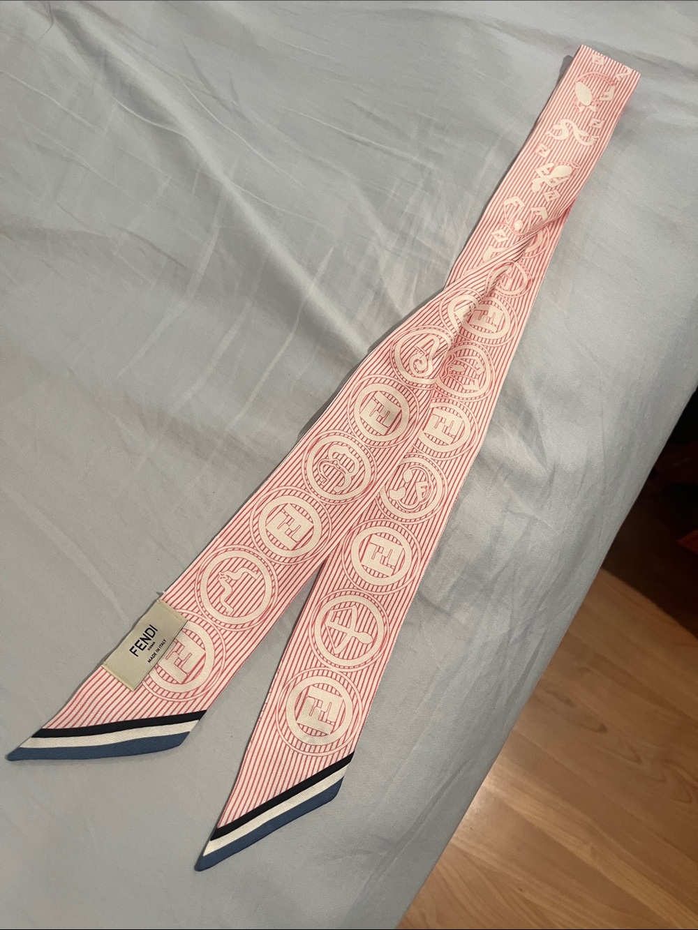 Fendi Pink Striped Logo Silk Twilly with black, white and blue Tips